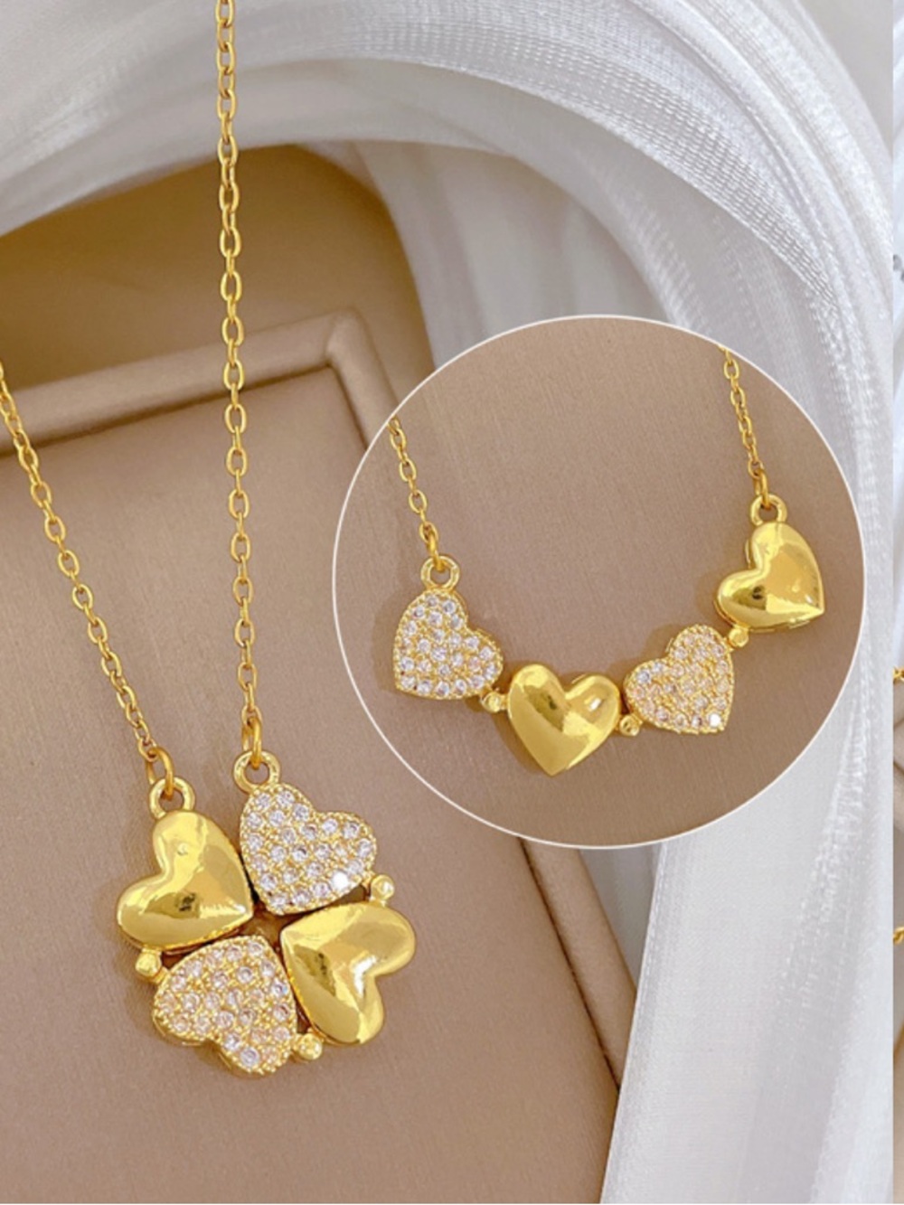 Four Gold and Pavé Cubic Zirconia Heart Cluster Convertible Necklace-NWT